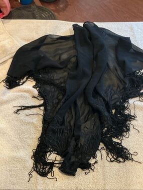 Cejon Black Sheer Fringe Swim Sarong Wrap